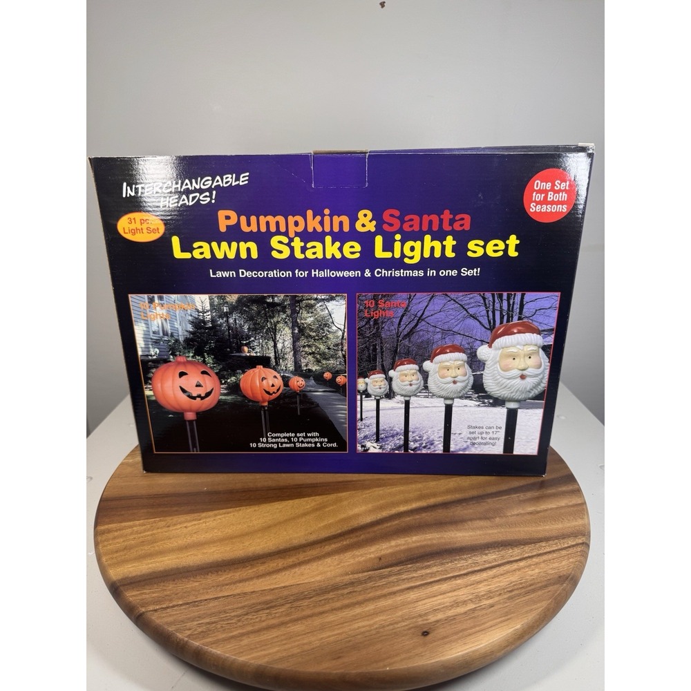 NOB!‎ Vtg Pumpkin & Santa Lawn Stake 10 Light Set 20 Blow Mold Covers  B8332
